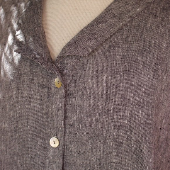 Flax 100% Linen Charcoal Grey Short Sleeve Button Down Blouse - Picture 7 of 14